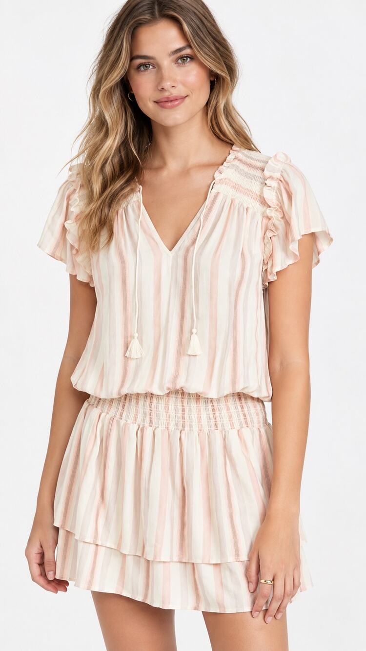 PAIGE Cristina Dress Ecru Multi Striped Smocked Ruffle Tiered Mini Large Flutter